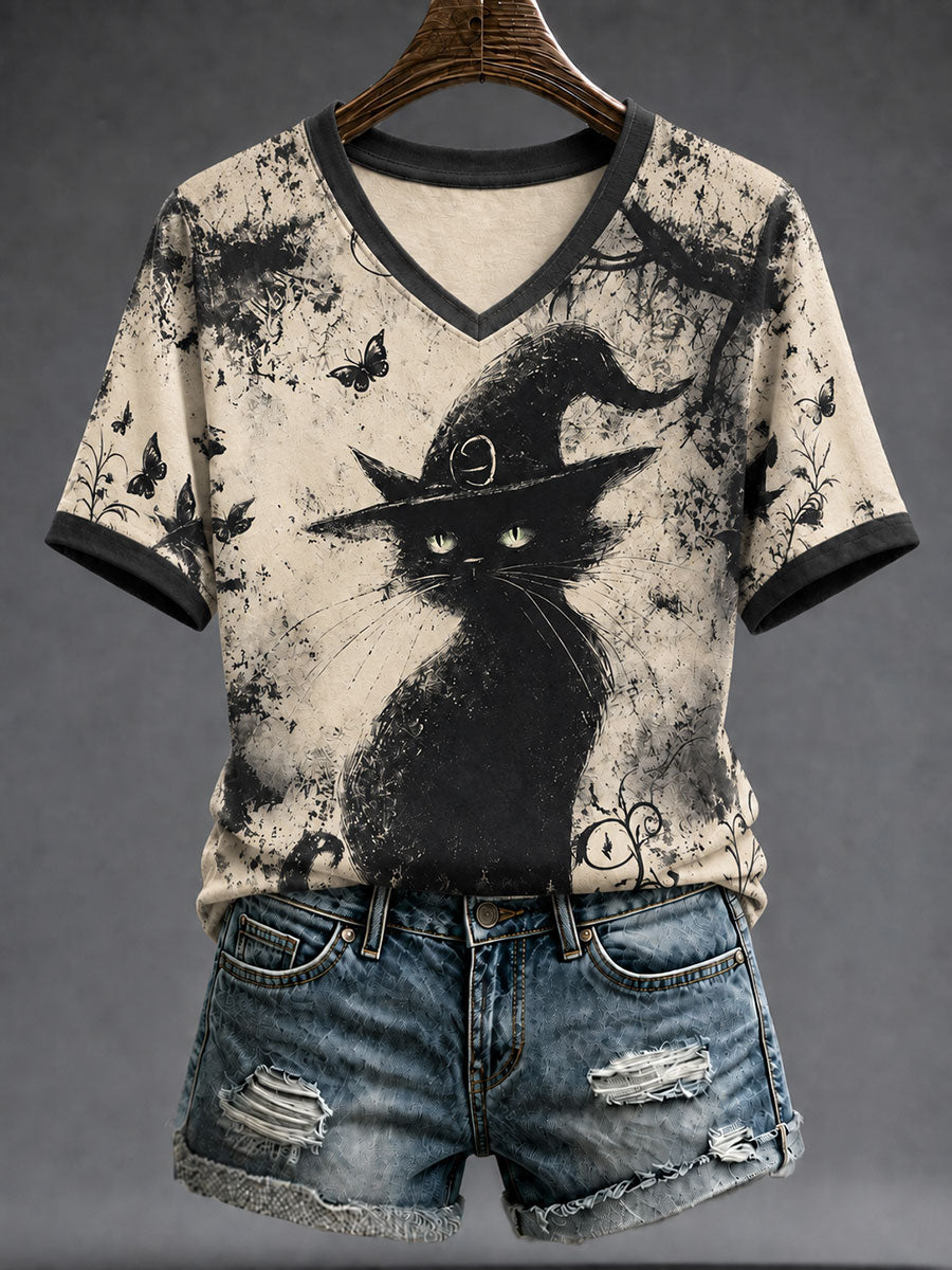 Women's Halloween Black Cat Short-Sleeve T-Shirt