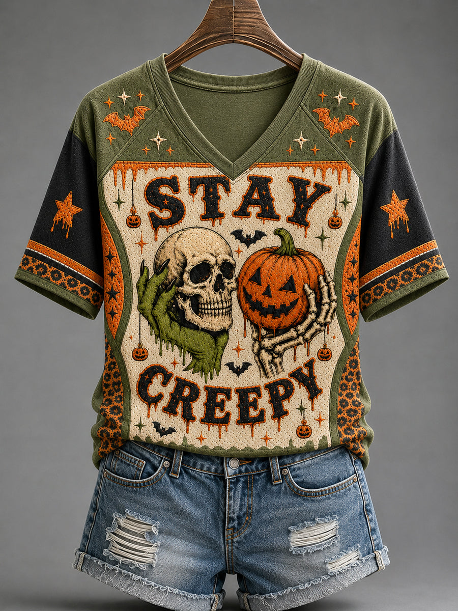 Women's Halloween Stay Creepy Skull Pumpkin Leopard Bat V-neck Short Sleeve T-shirt