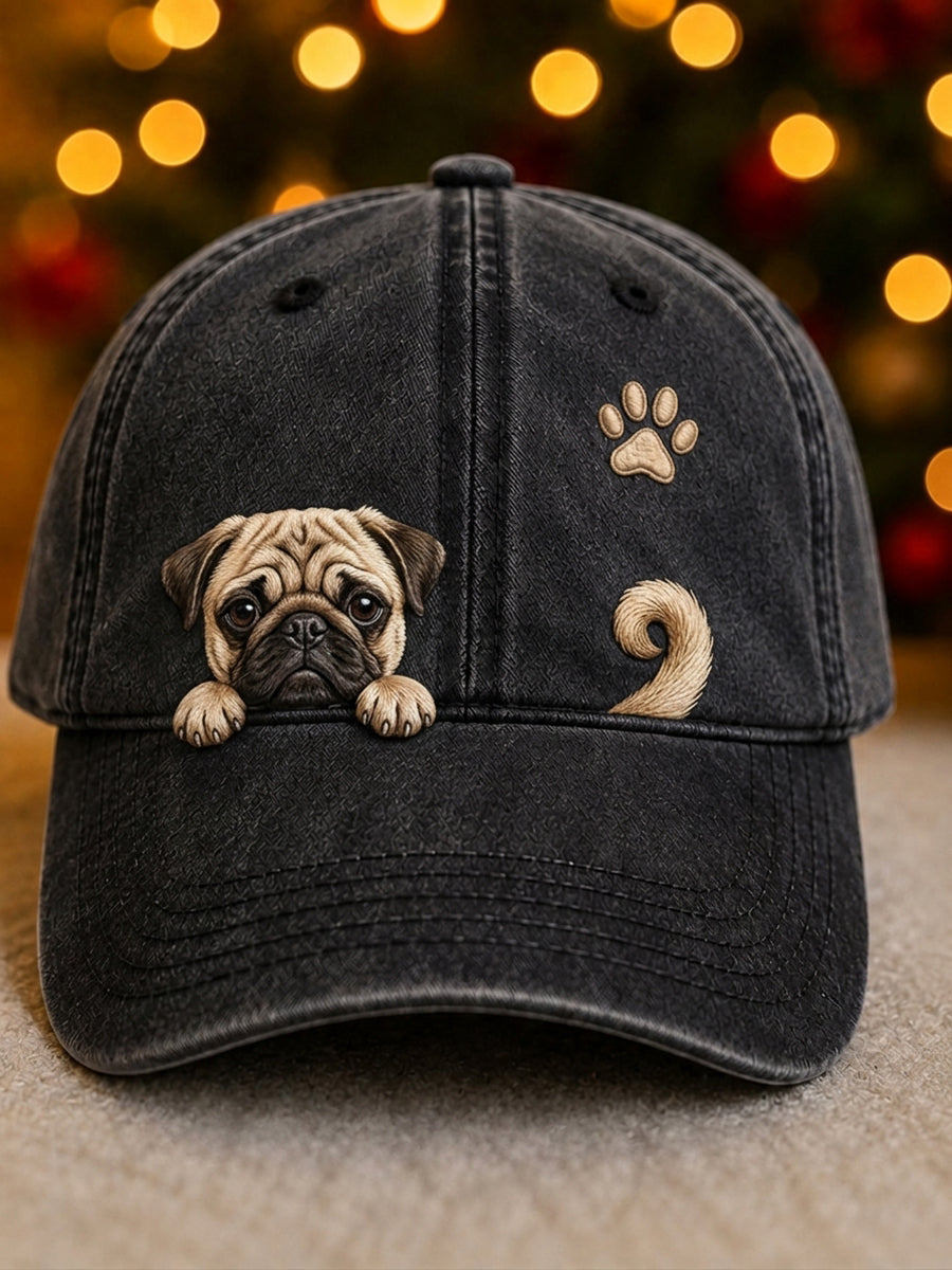 Cute Peeking Pug Dog & Paw Print Vintage Washed Hat