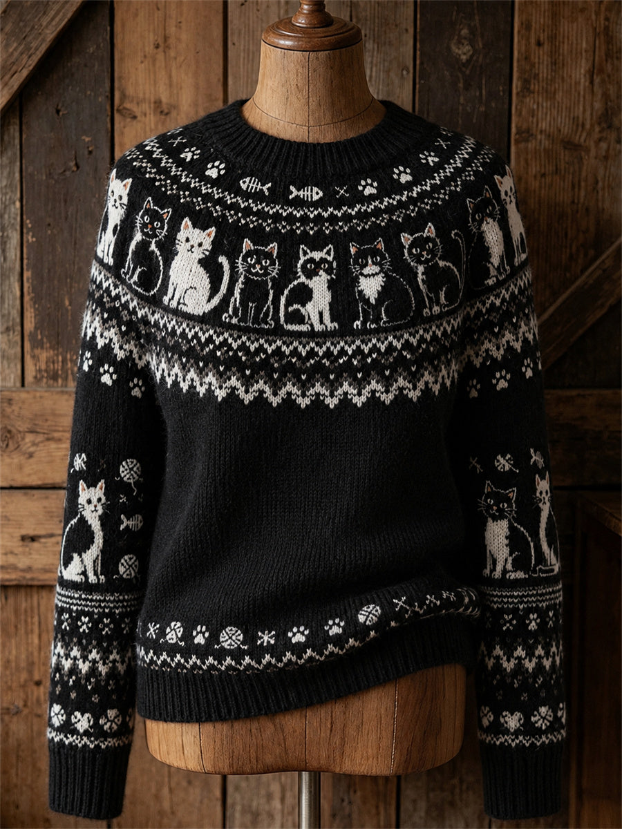 Women's Vintage Cats Yoke Isle Pattern Print Cozy crew neck sweater
