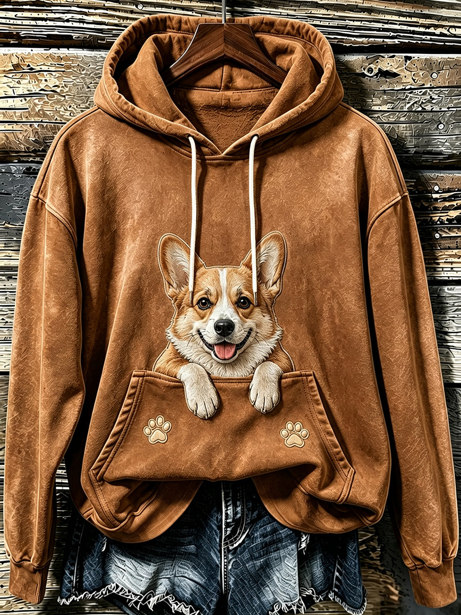 Women's Lovely Peeking Corgi & Paws Print Hooded Sweatshirt