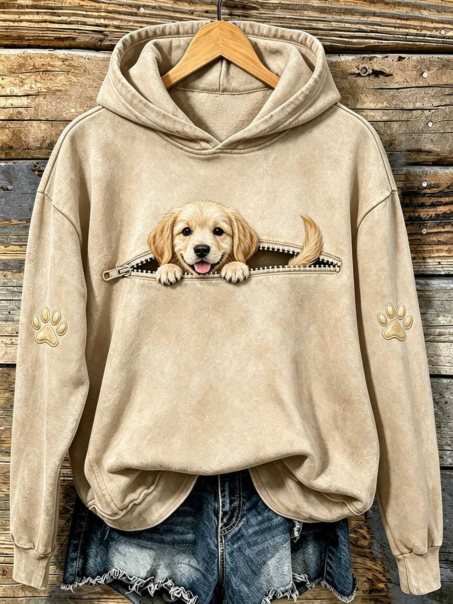 Women's Cute Peeking Golden Retriever & Paws Print Hooded Sweatshirt