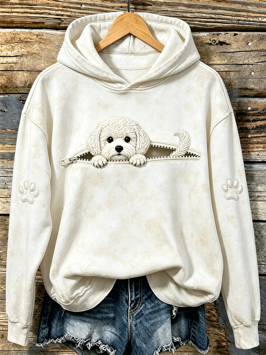 Women's Cute Peeking Bichon Frise & Paws Print Hooded Sweatshirt