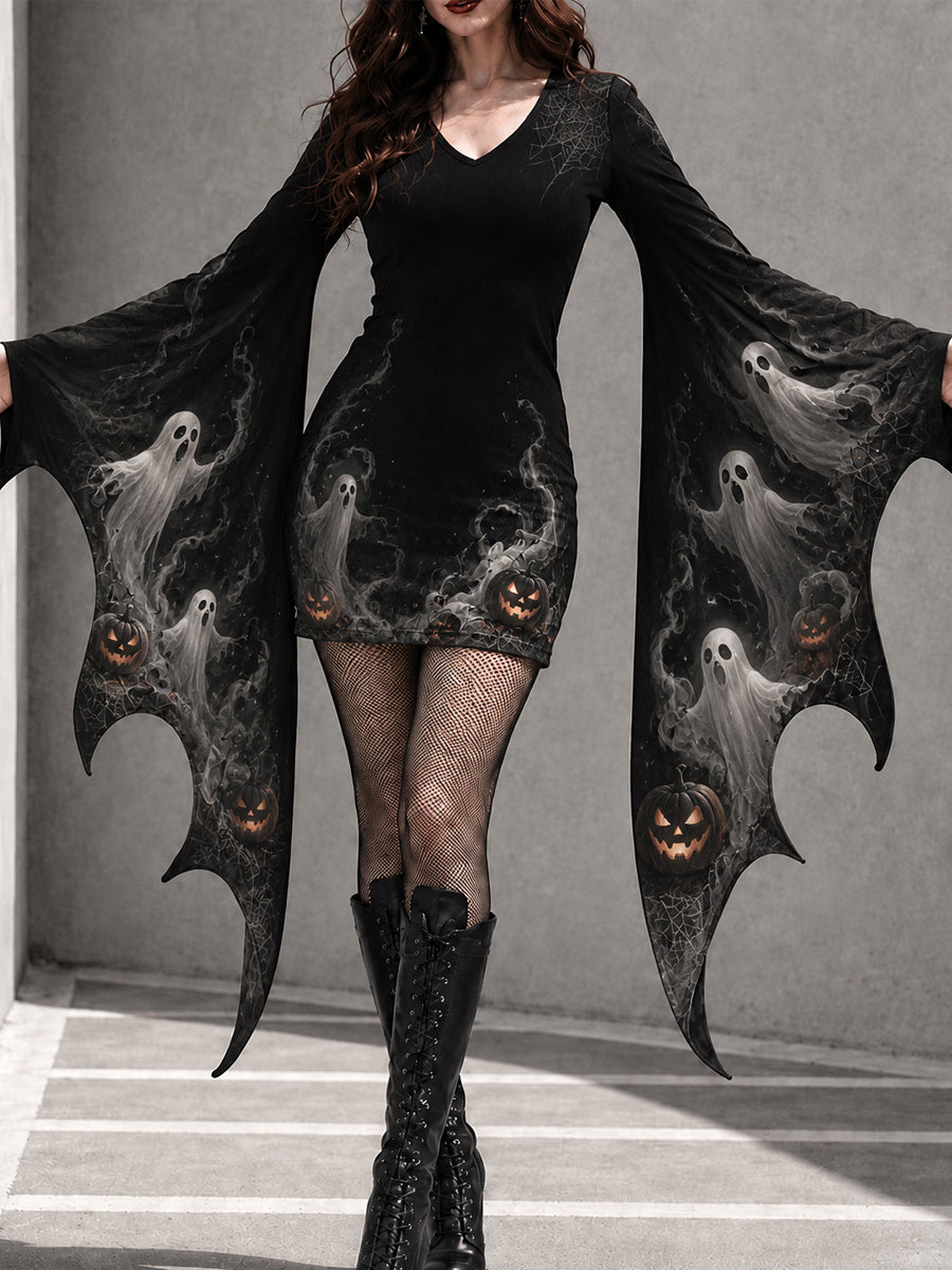 Women's Gothic Halloween Ghost Print Batwing Sleeve V-Neck Costume Dress