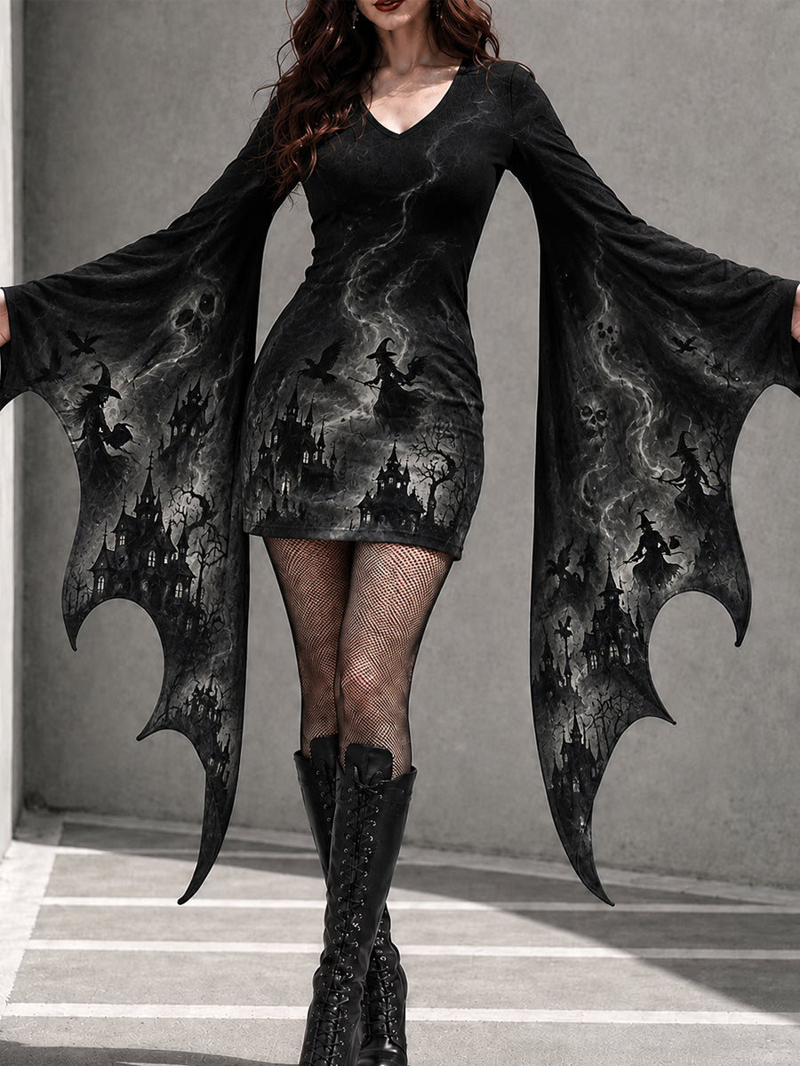 Women's Gothic Halloween Witches Print Batwing Sleeve V-Neck Costume Dress