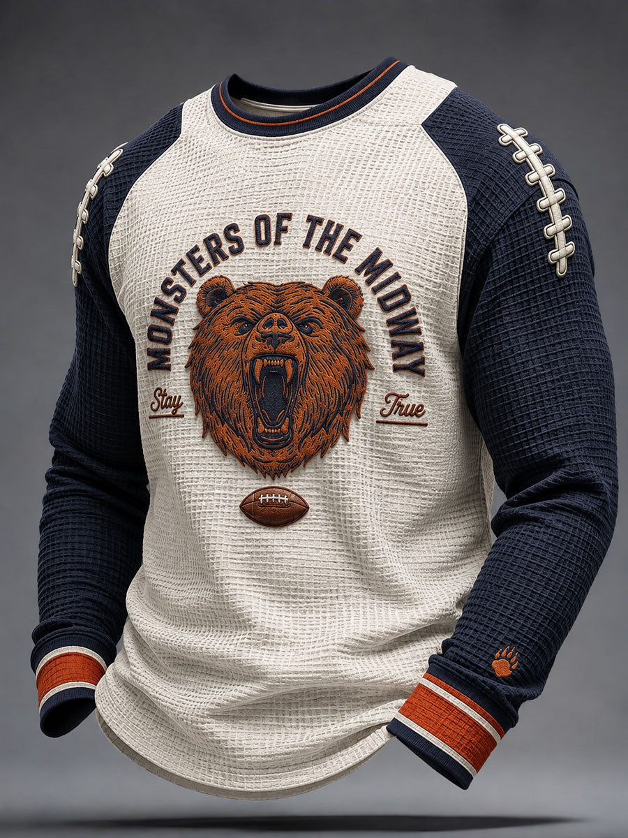 Men's Chicago Football Lover Bear Art Printed Waffle Sweatshirt