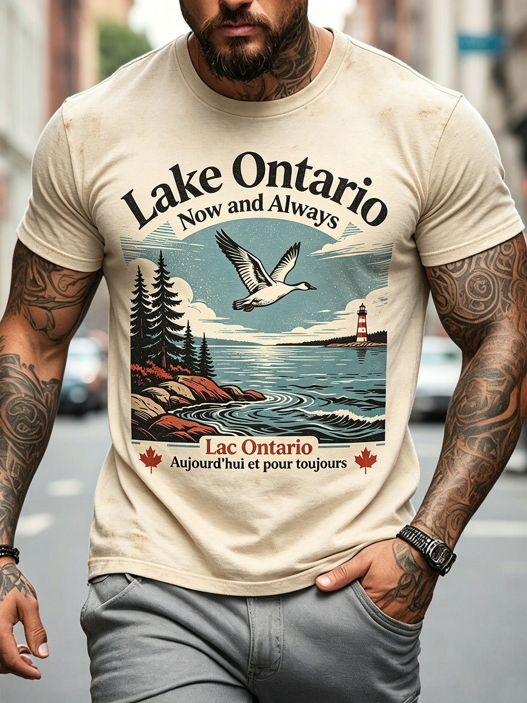 Men's Lake Ontario Now and Always Slogan Casual Short Sleeves T-shirt