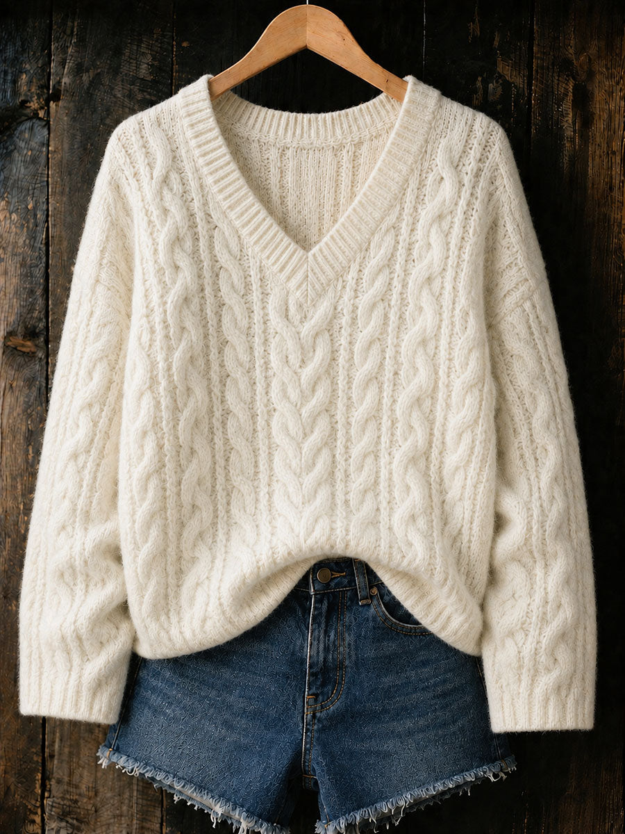 Women's Autumn/Winter Cable Knit V-Neck Tops