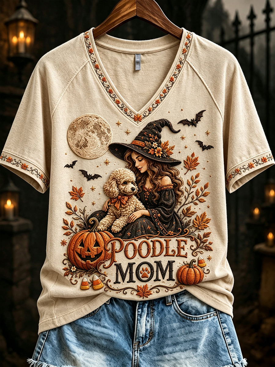 Women's Poodle Witch Mom Halloween Print V-neck Short-sleeved T-shirt