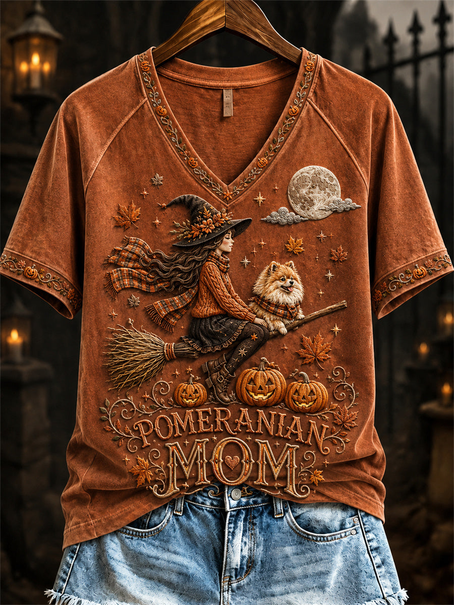 Women's Halloween Fall Pomeranian Mom Witch & Dog Print short-sleeved T-shirt