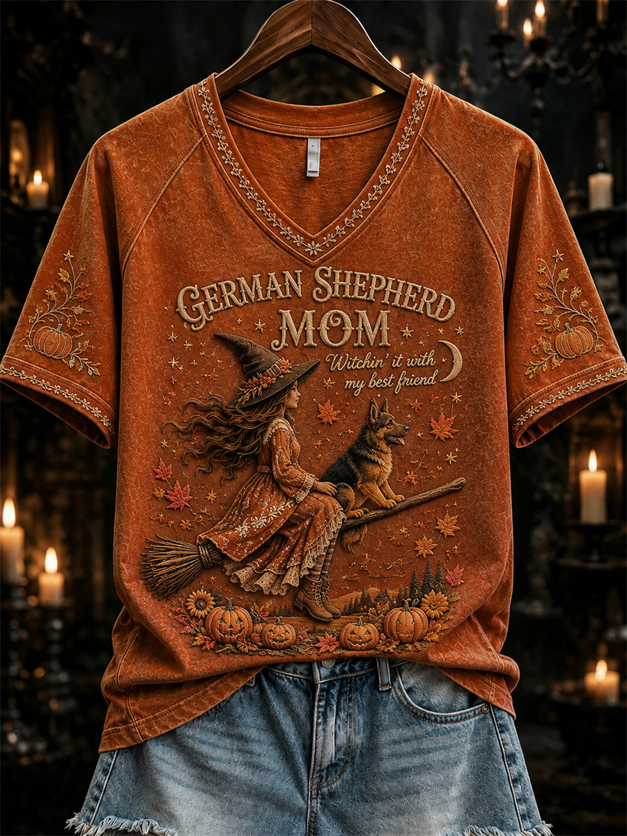 Women's Halloween Fall German Shepherd Mom Witch & Dog Print short-sleeved T-shirt