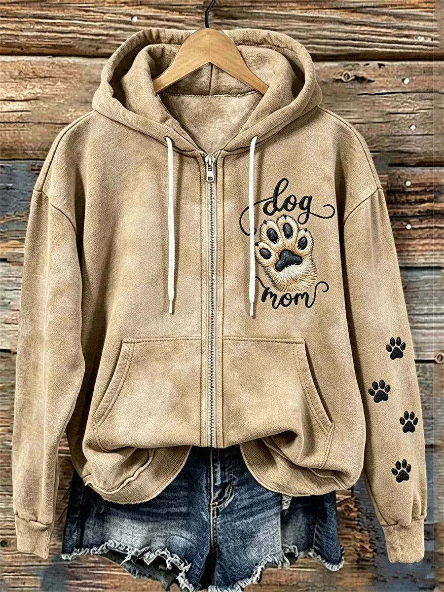 Women's Dog Mom Fuzzy Dog Paw & Paw Prints Cozy Full Zip Hoodie