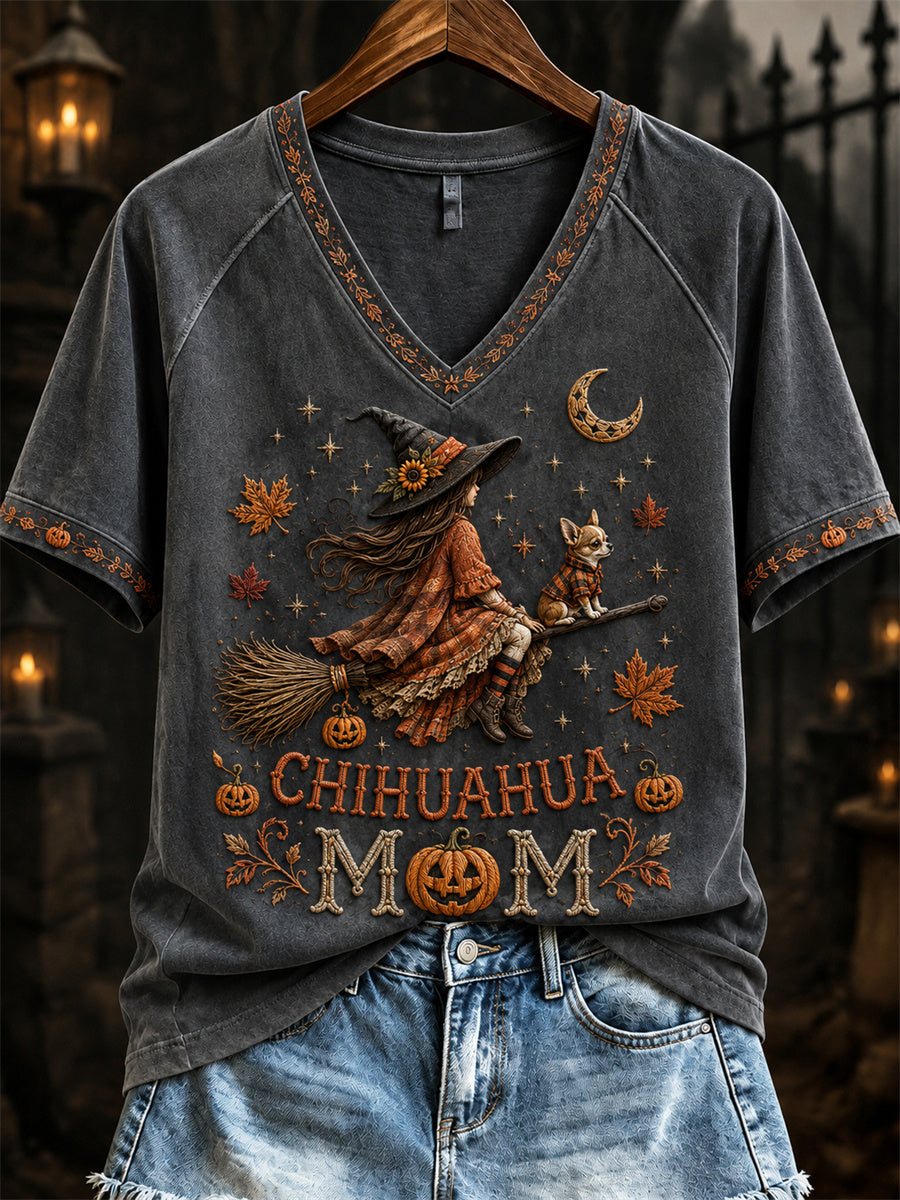 Women's Halloween Fall Chihuahua Mom Witch & Dog Print short-sleeved T-shirt