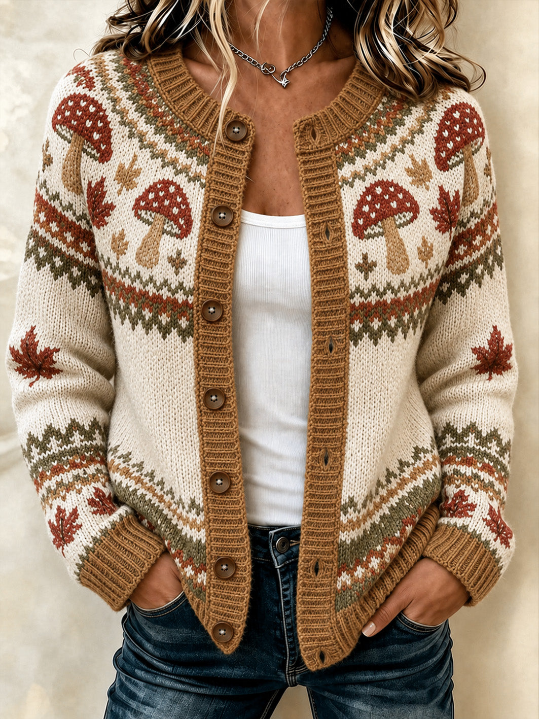 Women's Autumn Mushroom And Maple Leaf Pattern Casual Cardigan-Style Knit Jacket