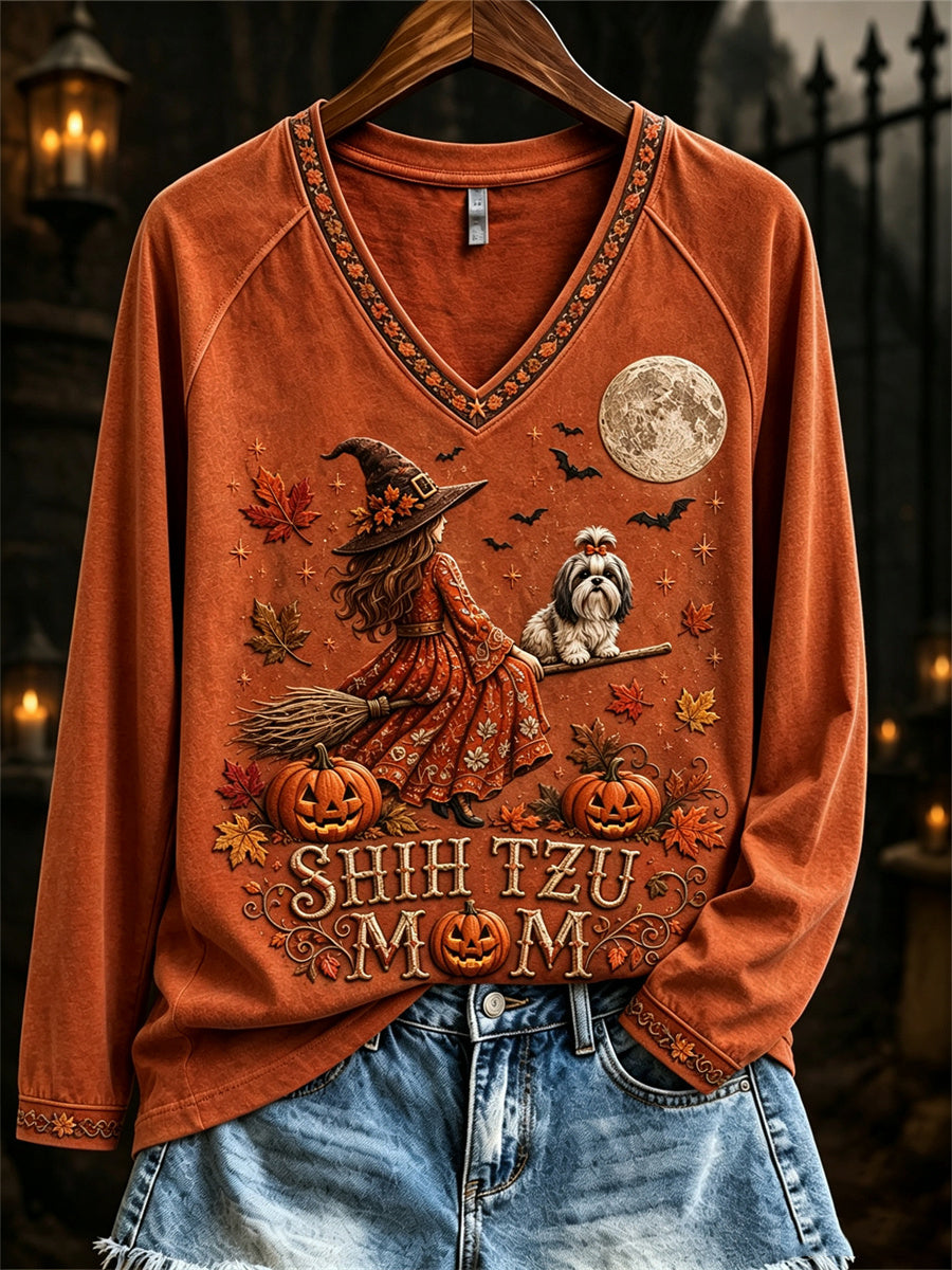 Women's Halloween Fall Shih Tzu Mom Witch & Dog Print long-sleeved T-shirt