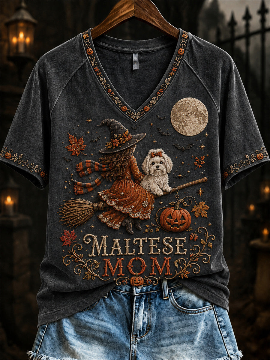 Women's Halloween Fall Maltese Mom Witch & Dog Print short-sleeved T-shirt