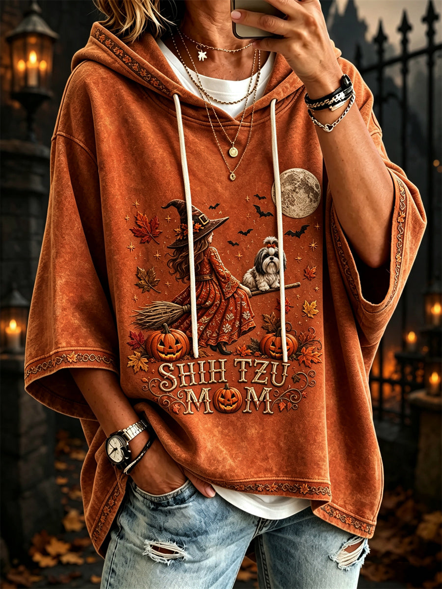 Women's Halloween Fall Shih Tzu Mom Witch & Dog Print Mid Sleeve Hoodie