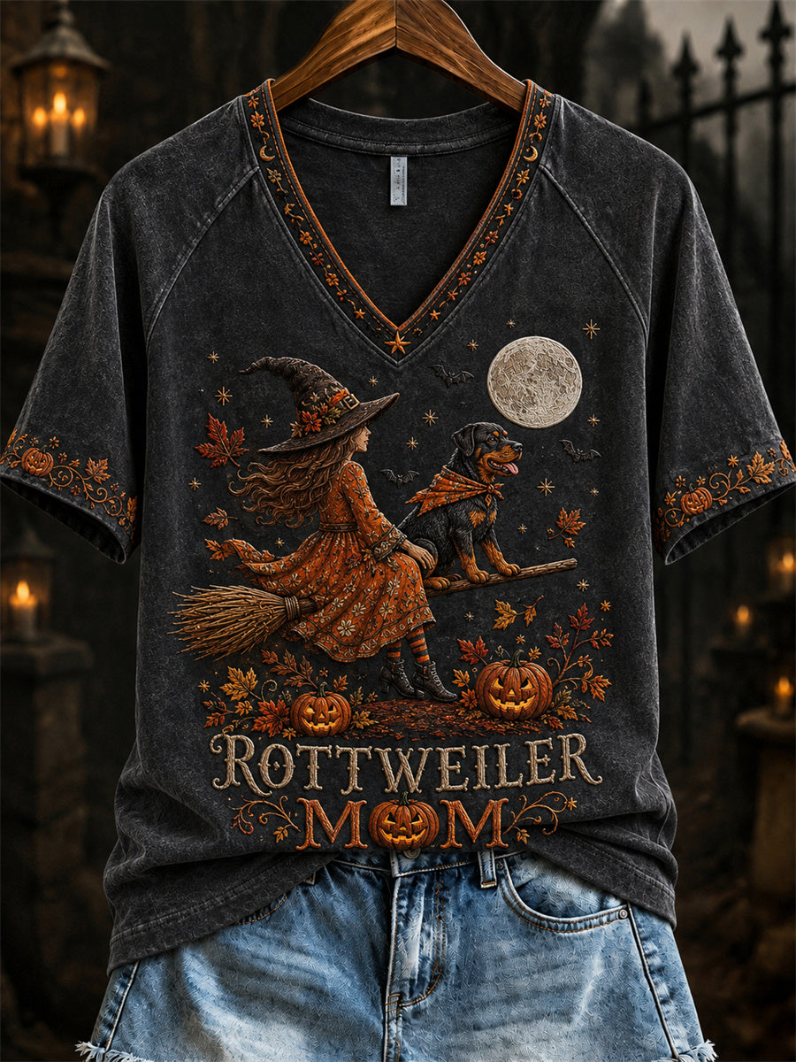 Women's Halloween Fall Rottweiler Mom Witch & Dog Print short-sleeved T-shirt