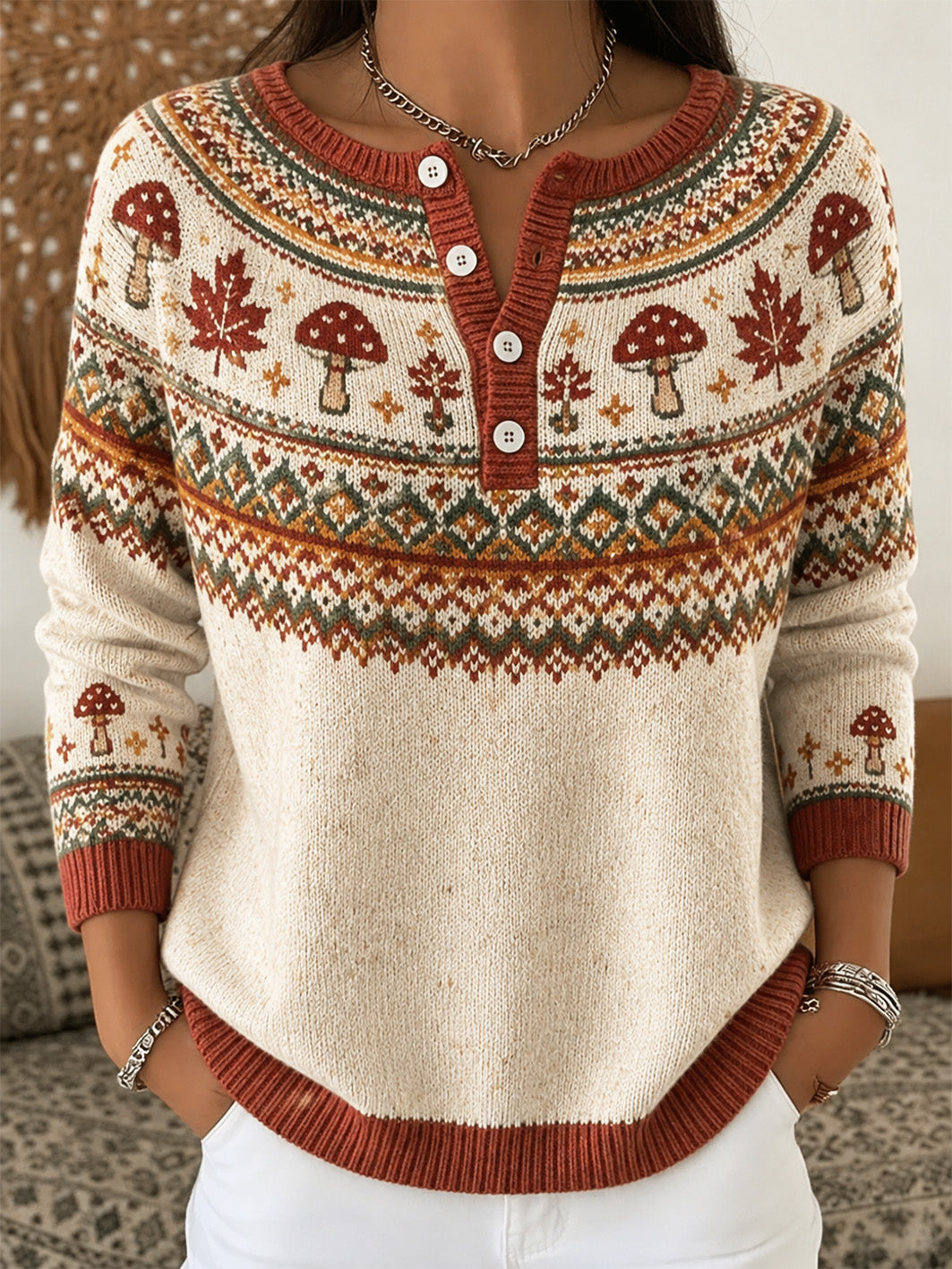 Women's Autumn Mushroom And Maple Leaf Pattern Casual Long Sleeve Cardigan