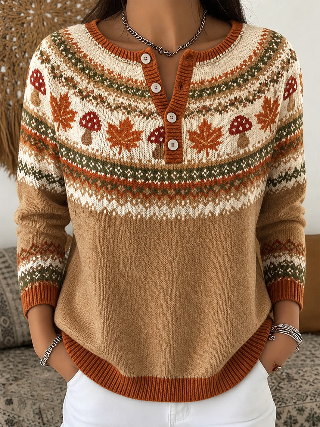 Women's Autumn Mushroom And Maple Leaf Pattern Casual Long Sleeve Cardigan