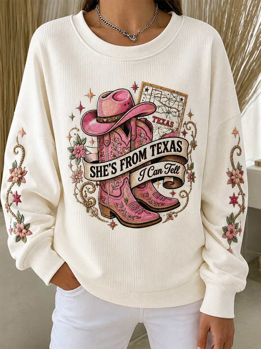 Women's She's From Texas I Can Tell Print Casual Ribbed Round-Neck Sweatshirt