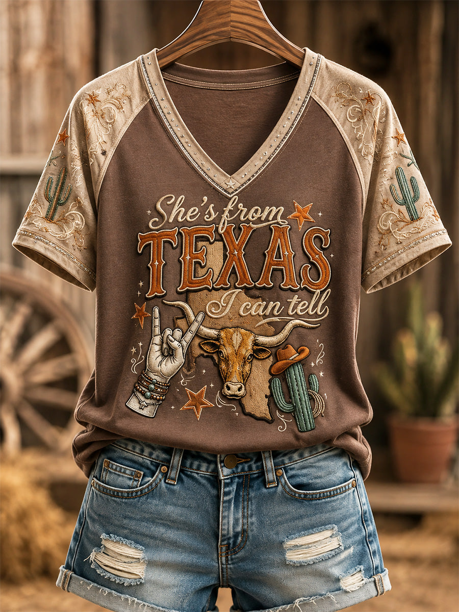 Women's She's From Texas I Can Tell Print Casual V-Neck Tee