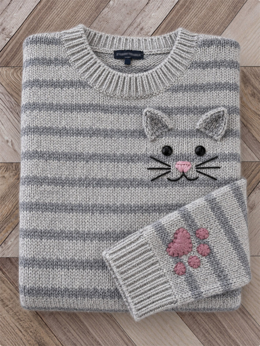 Women's Vintage Lovely Tabby Cat Face & Paw Print crew neck sweater