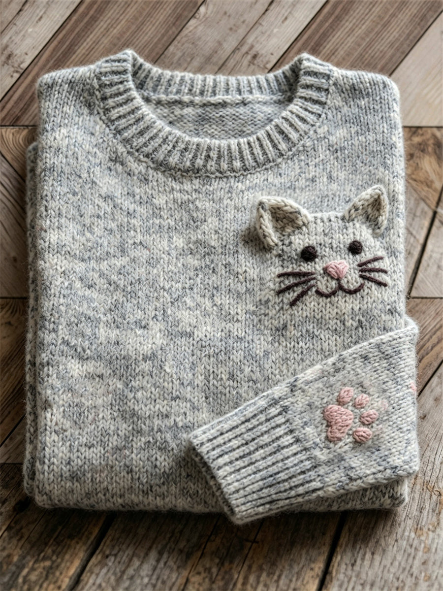 Women's Vintage Lovely Cat Face & Paw Print crew neck sweater