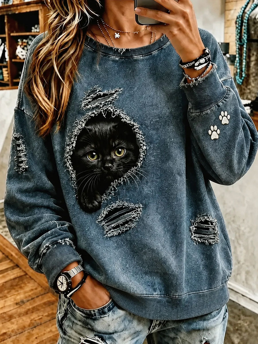 Women's Cat Art Print Casual Sweatshirt