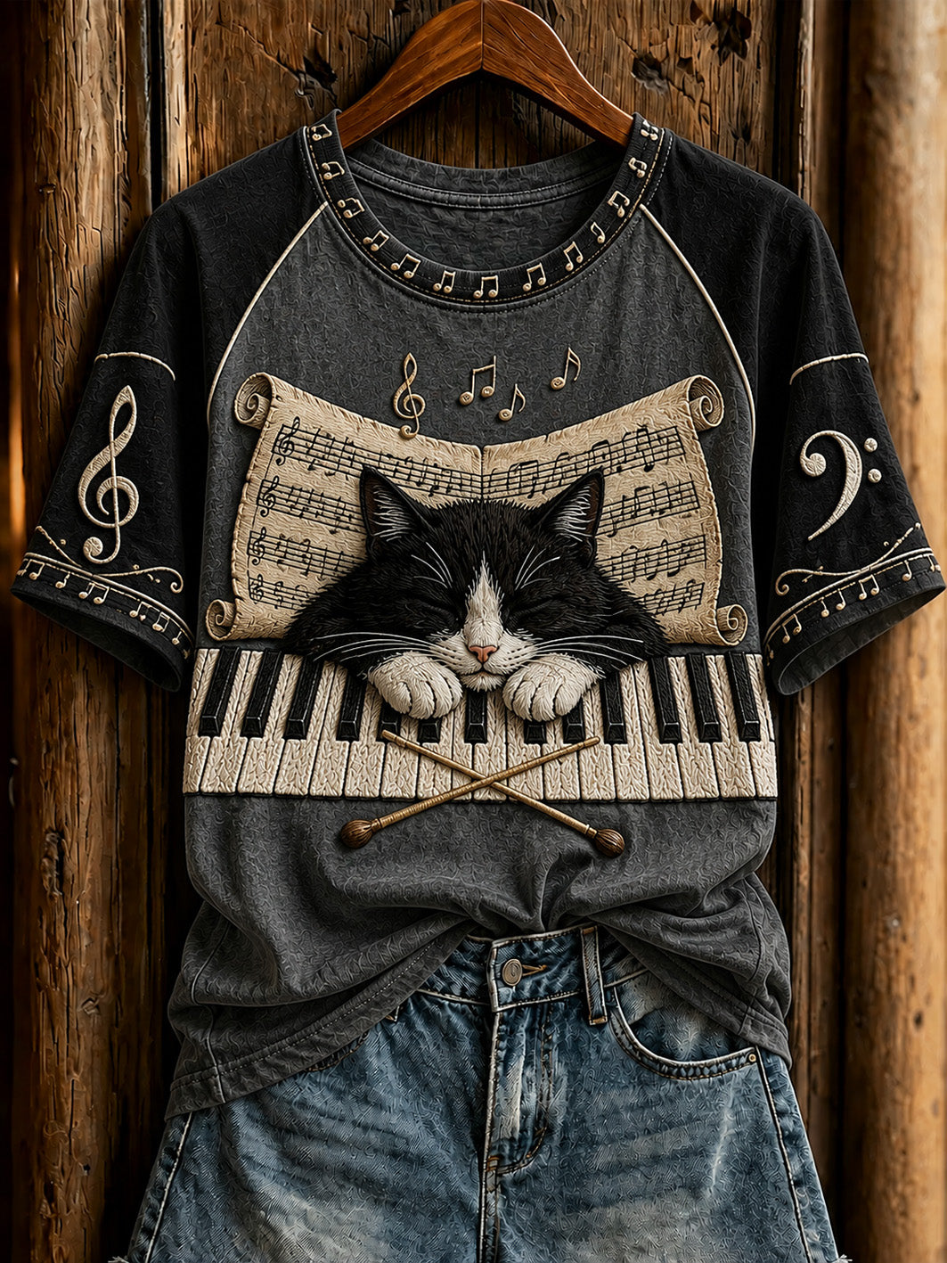 Women's cute cat and piano design casual short-sleeve T-shirt