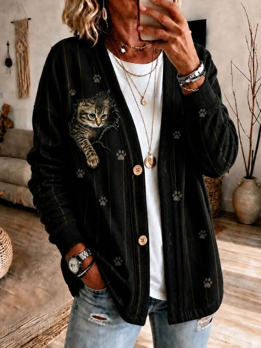 Women's Cat Art Print Casual Cardigan