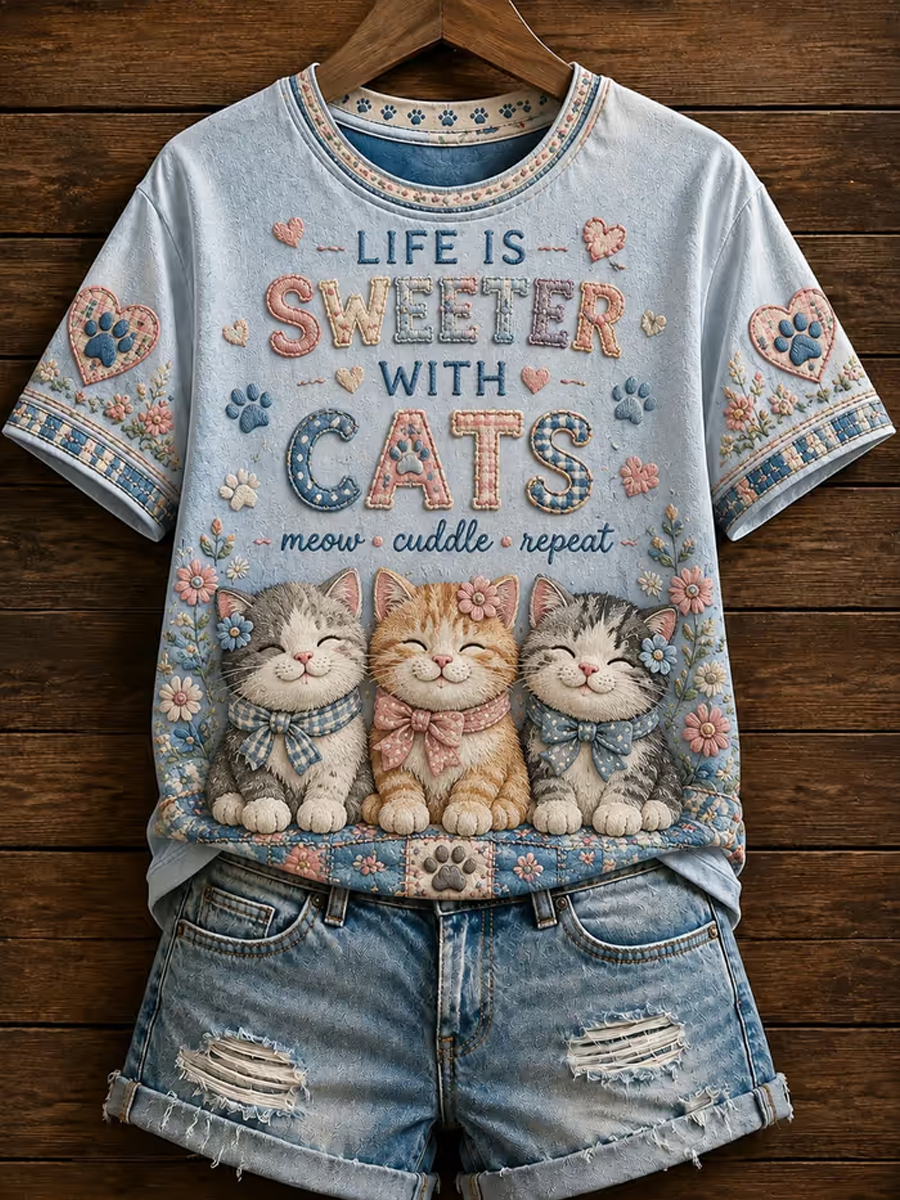 Women's Cute cat printed short-sleeved T-shirt
