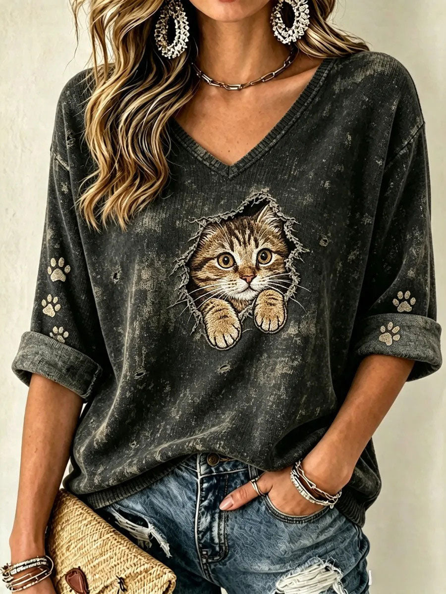 Women's Cat Art Print Casual T-Shirt
