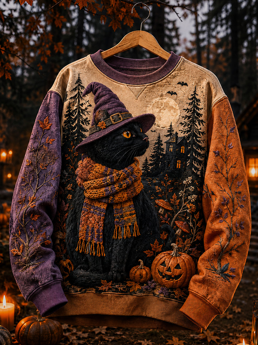Women's Halloween Black Cat Pumpkin Maple Leaf Print Sweater