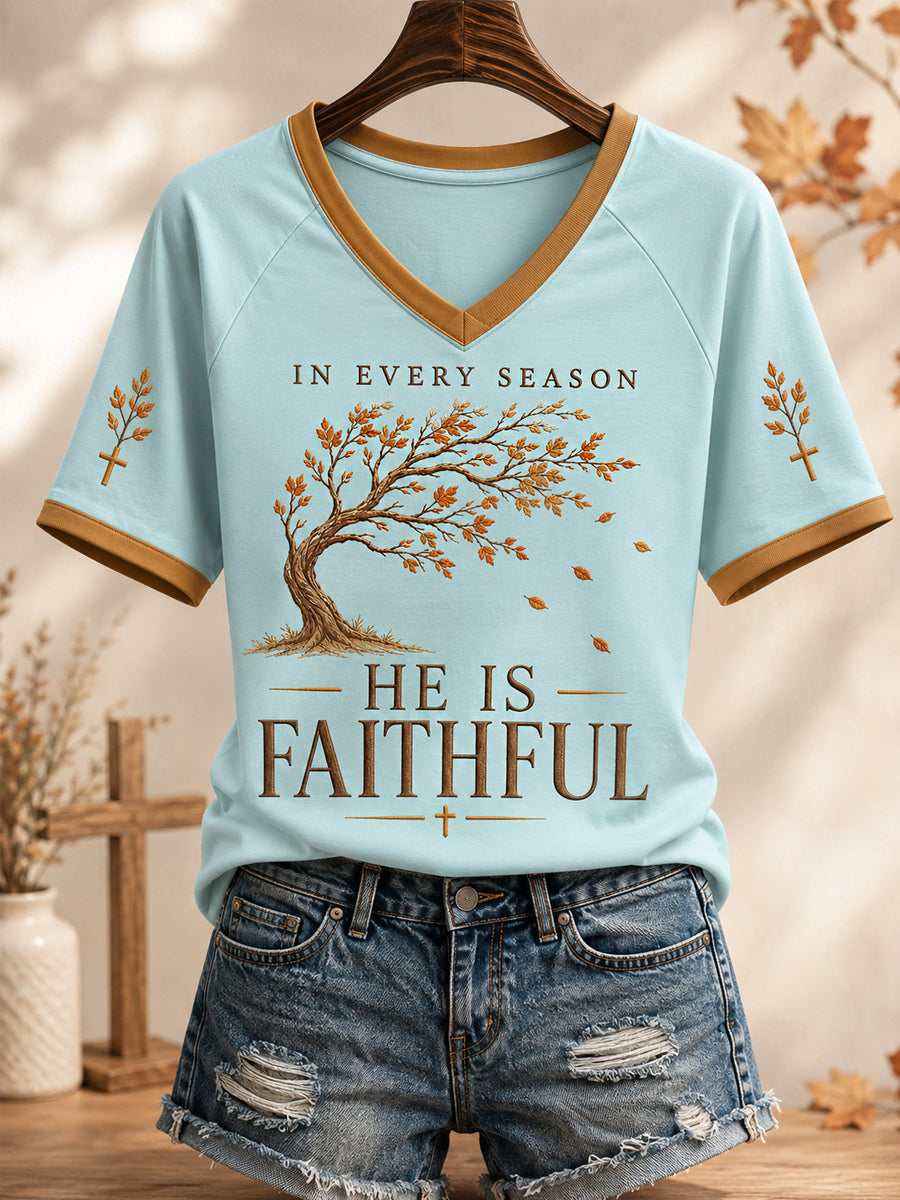 Women's God Is Faithful In Every Season Fall Pumpkin Cross Print Casual V-Neck Tee