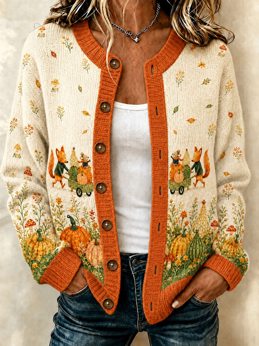 Women's Autumn Pumpkin Flower Print Cardigan
