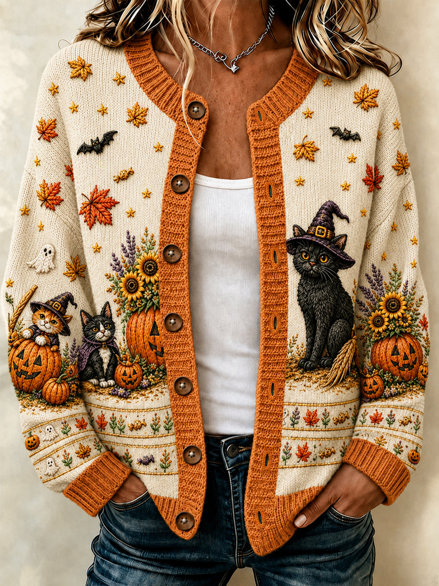 Women's Autumn Halloween Black Cat Pumpkin Flower Print Cardigan