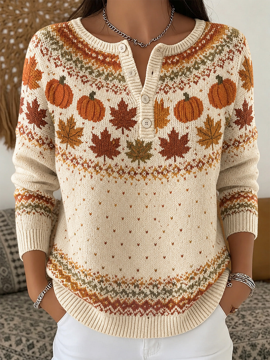 Women's Autumn Pumpkin And Maple Leaf Pattern Casual Long-Sleeve Cardigan
