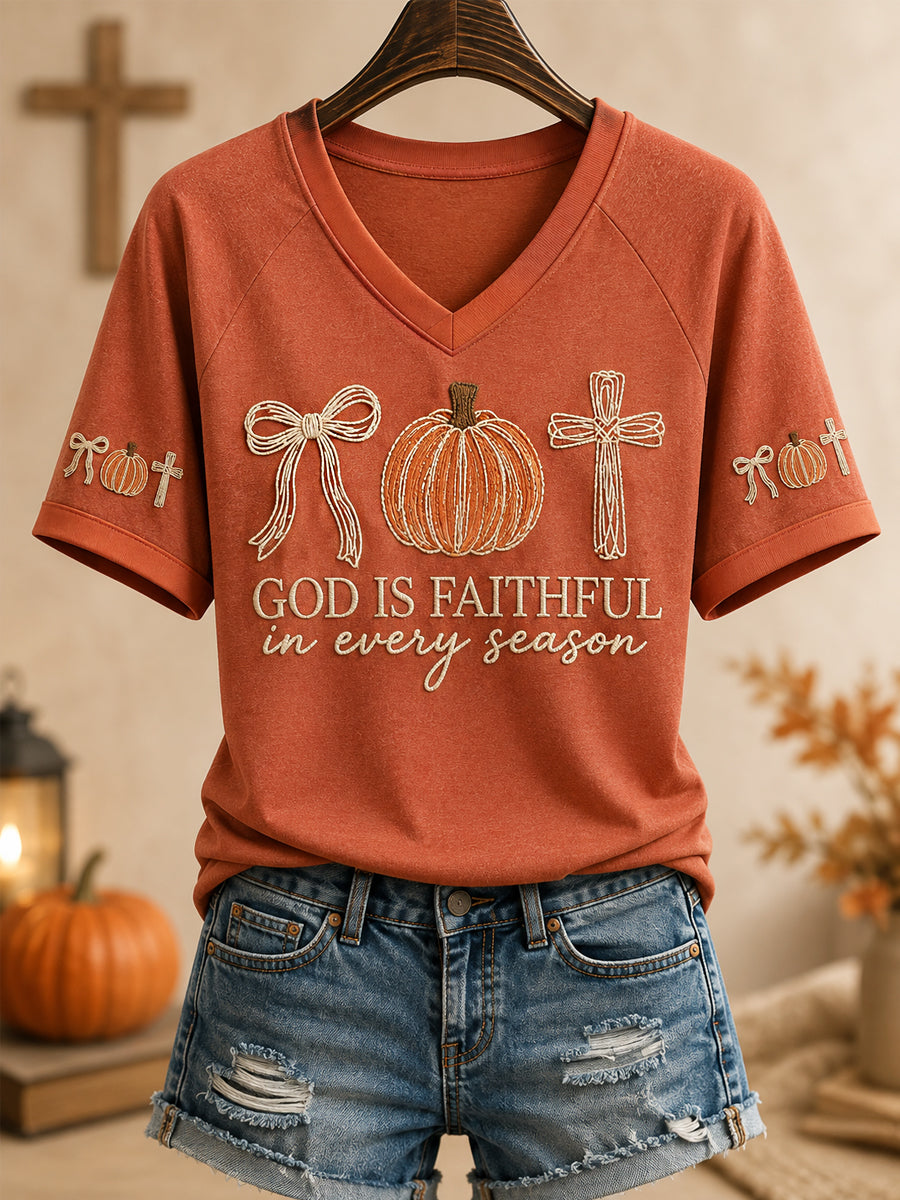 Women's God Is Faithful In Every Season Fall Pumpkin Cross Print Casual V-Neck Tee