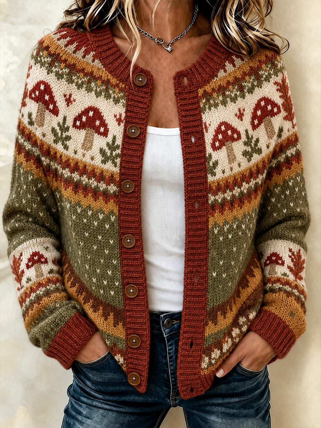 Women's Autumn Mushroom And Maple Leaf Pattern Casual Cardigan-Style Knit Jacket