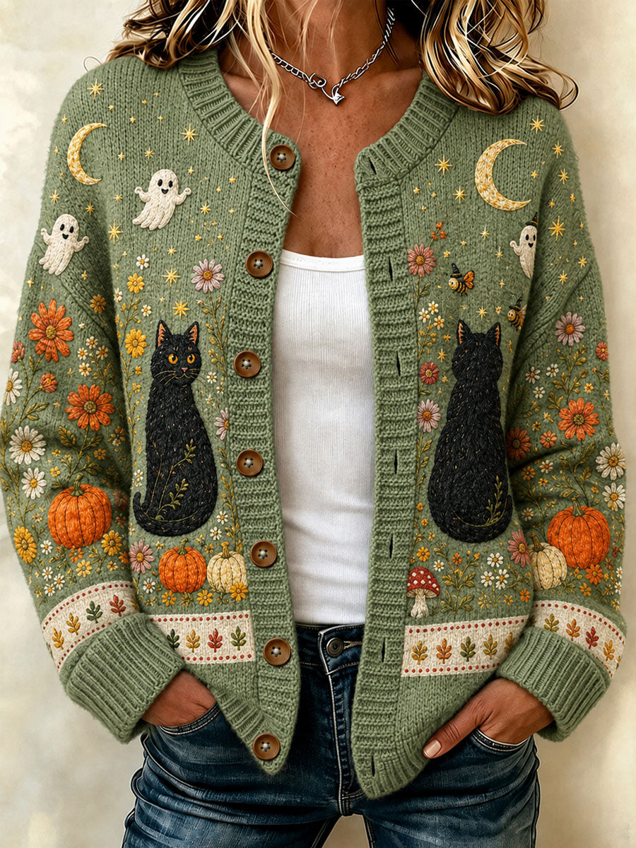 Women's Autumn Halloween Black Cat Pumpkin Flower Print Cardigan