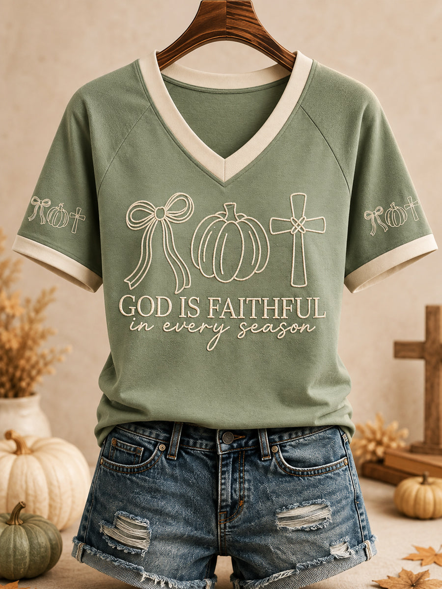 Women's God Is Faithful In Every Season Fall Pumpkin Cross Print Casual V-Neck Tee