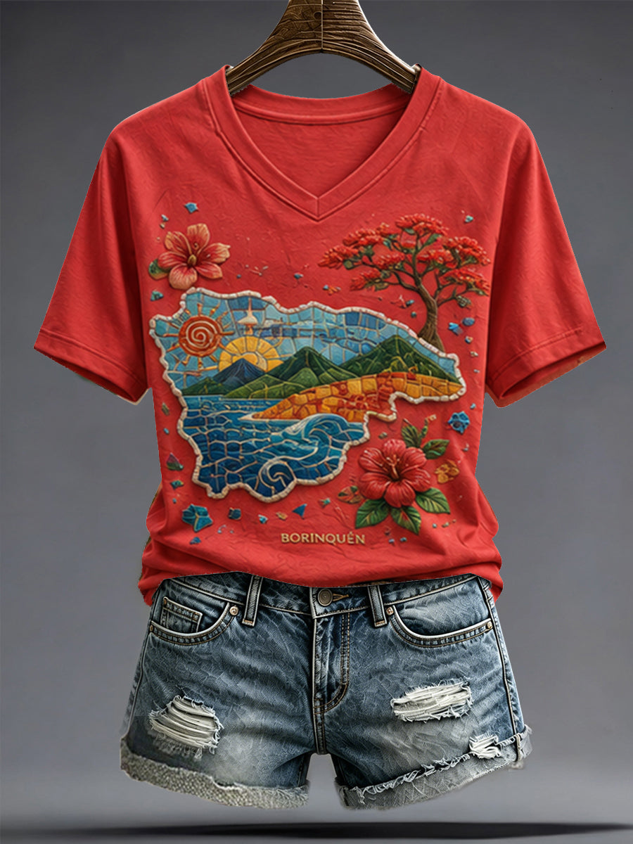 Women's Puerto Rico Boricua Floral Art Printed T-Shirt