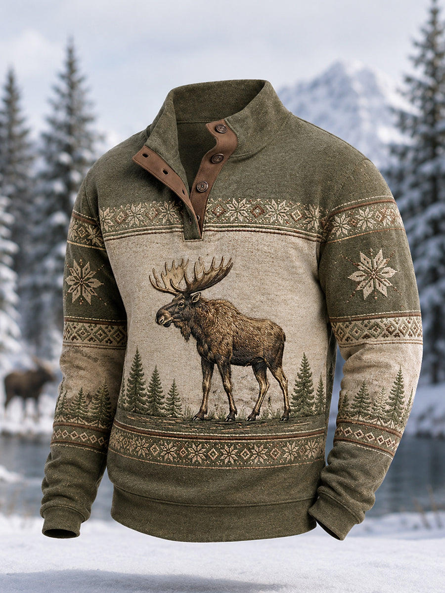 Men's Winter Moose Print Casual Buttons Pullover
