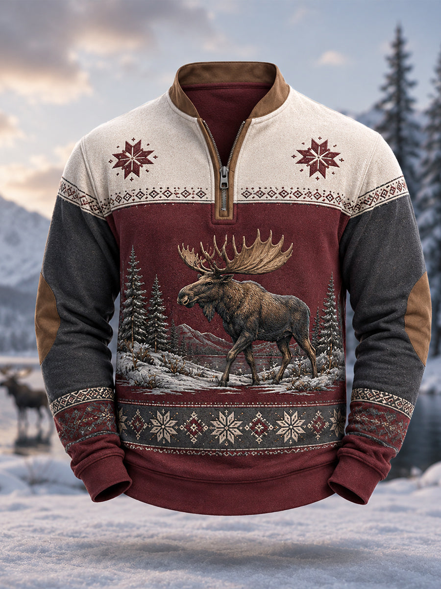 Men's Winter Moose Print Casual Zipper Pullover