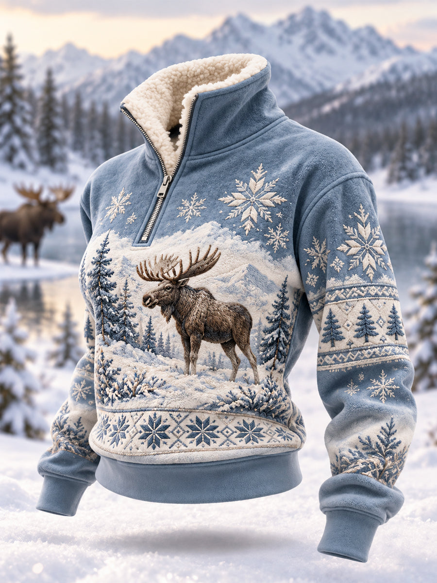 Women's Winter Moose Print Casual Plush Zipper Pullover