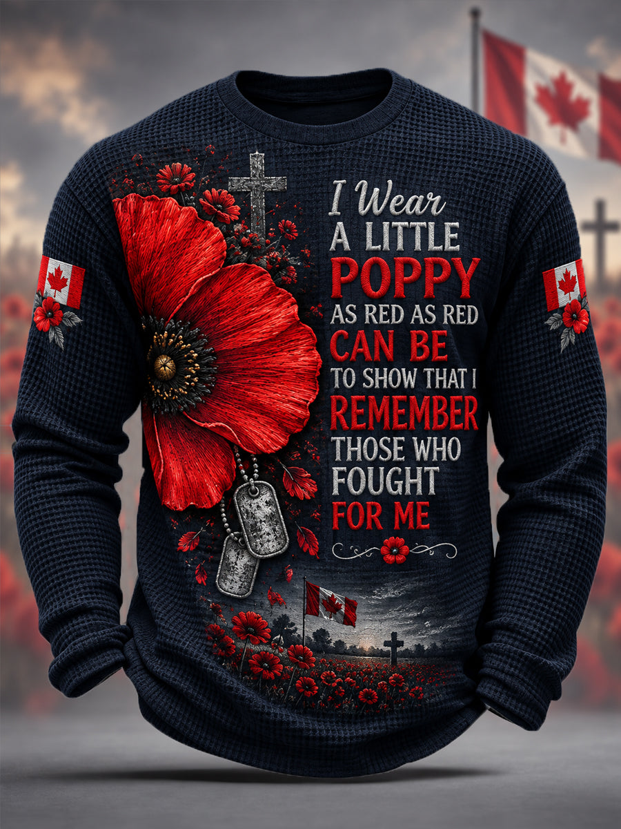 Men's Lest We Forget Canada Remembrance Day Poppy Print Waffle Long Sleeve T-Shirt
