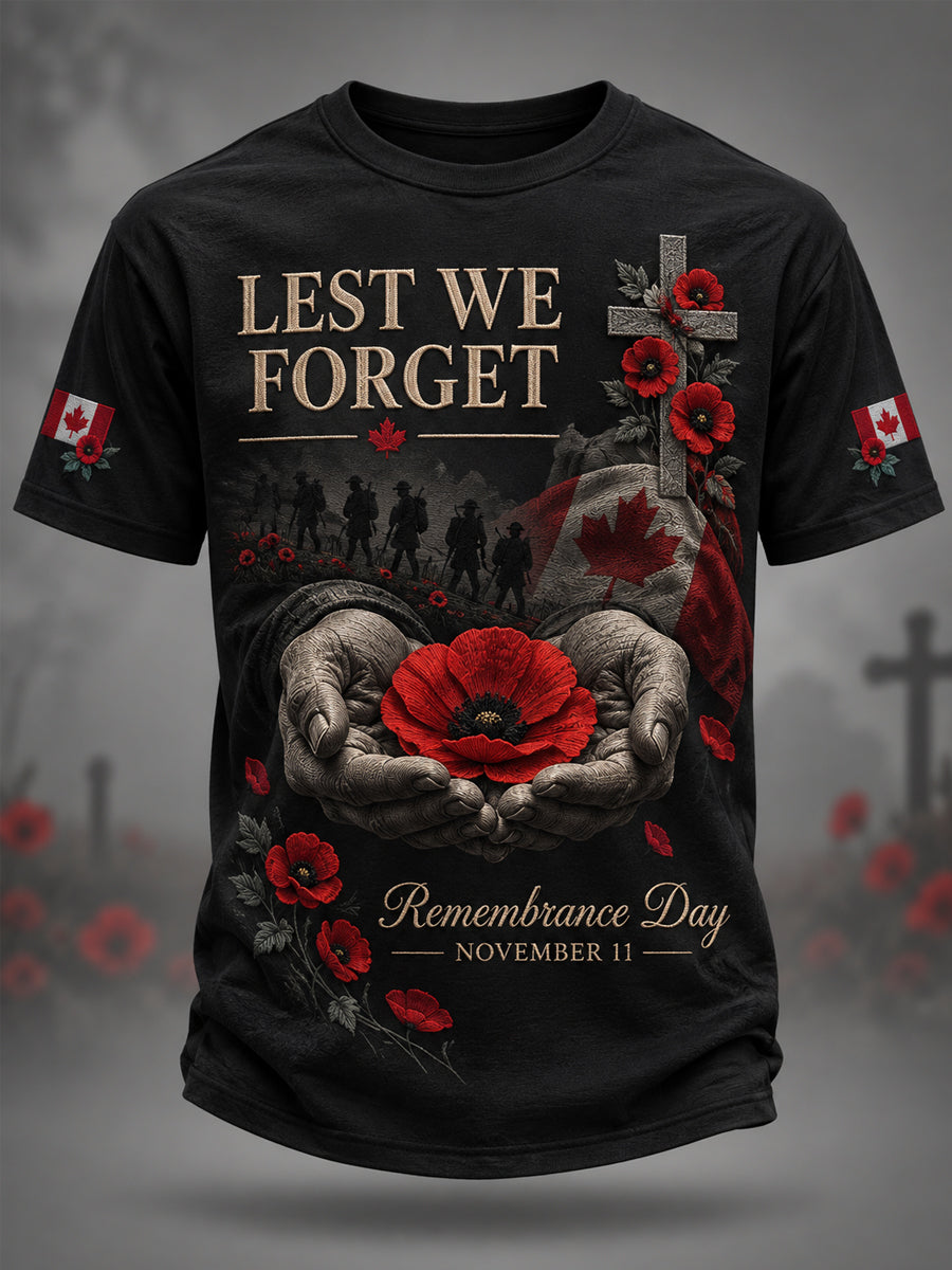 Men's Lest We Forget Canada Remembrance Day Poppy Print Tee