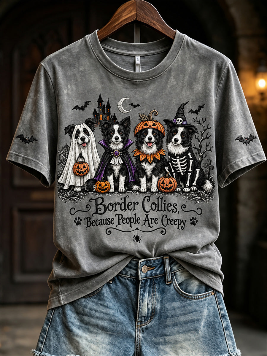 Women's Border Collies Because People Are Creepy Halloween Dogs Print short-sleeved T-shirt