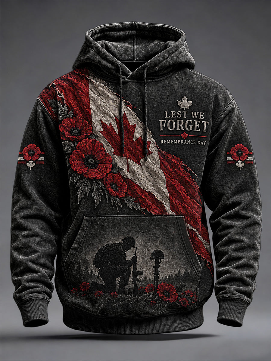 Men's Lest We Forget Canada Remembrance Day Print Oversized Drop-Shoulder Hoodie With Pockets